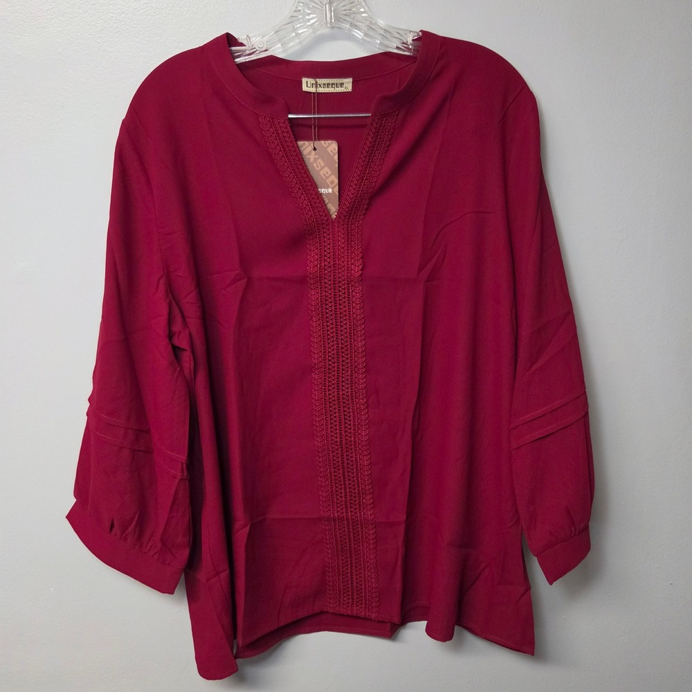 NWT Unixseque Womens XL Red Crochet Trim V-Neck Blouse Workwear Breathable
